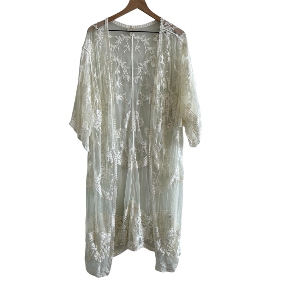 Dizzy Lizzy Boho Maxi Open Front Kimono Duster Sheer Lace Cardigan Medium